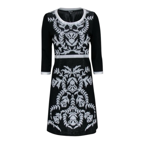 Misook Black & White Knit Dress Medium Embroidered Floral Pattern Work Elegant - Picture 3 of 12